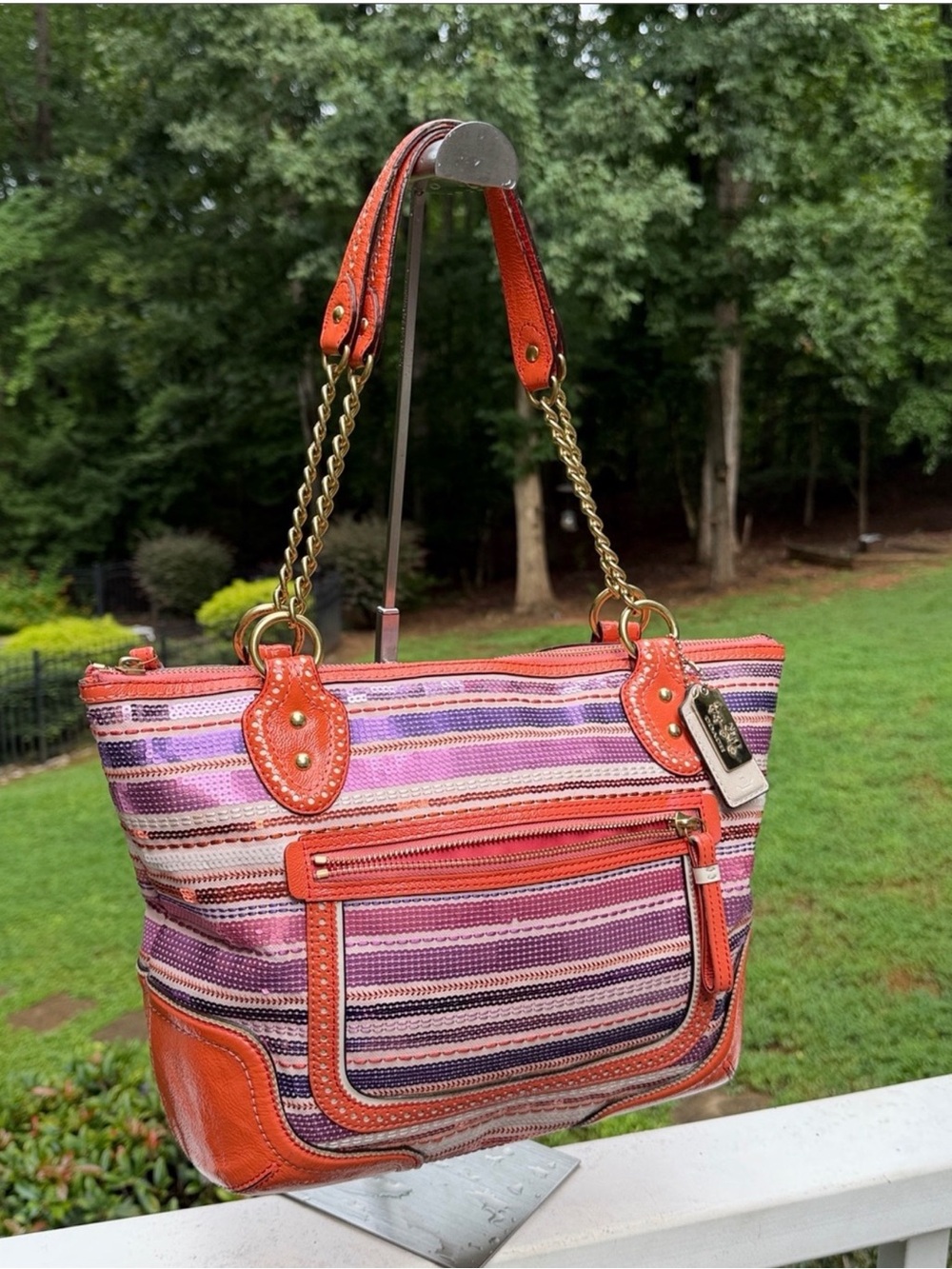 Coach Y2K Poppy #23843 Striped Sequined Tote Gold Chain Handles Hang Tags - Picture 4 of 16